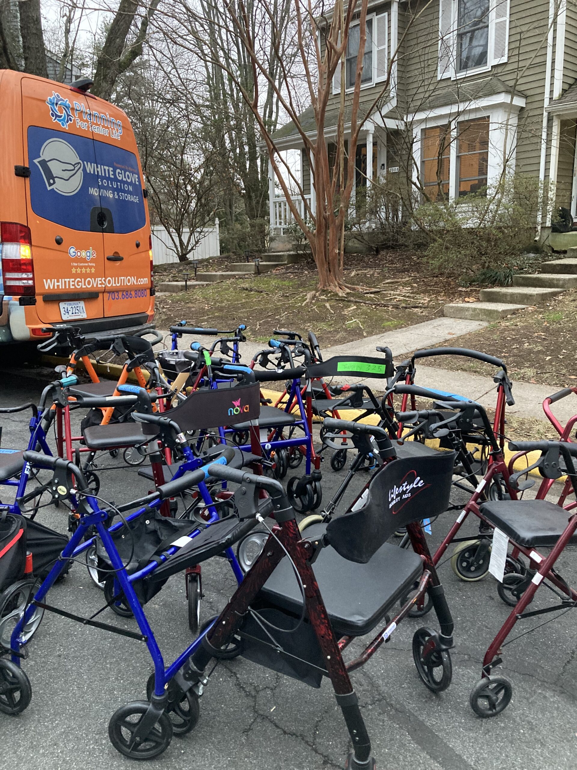 Lots of used rollators waiting to be cleaned and made available to the public.