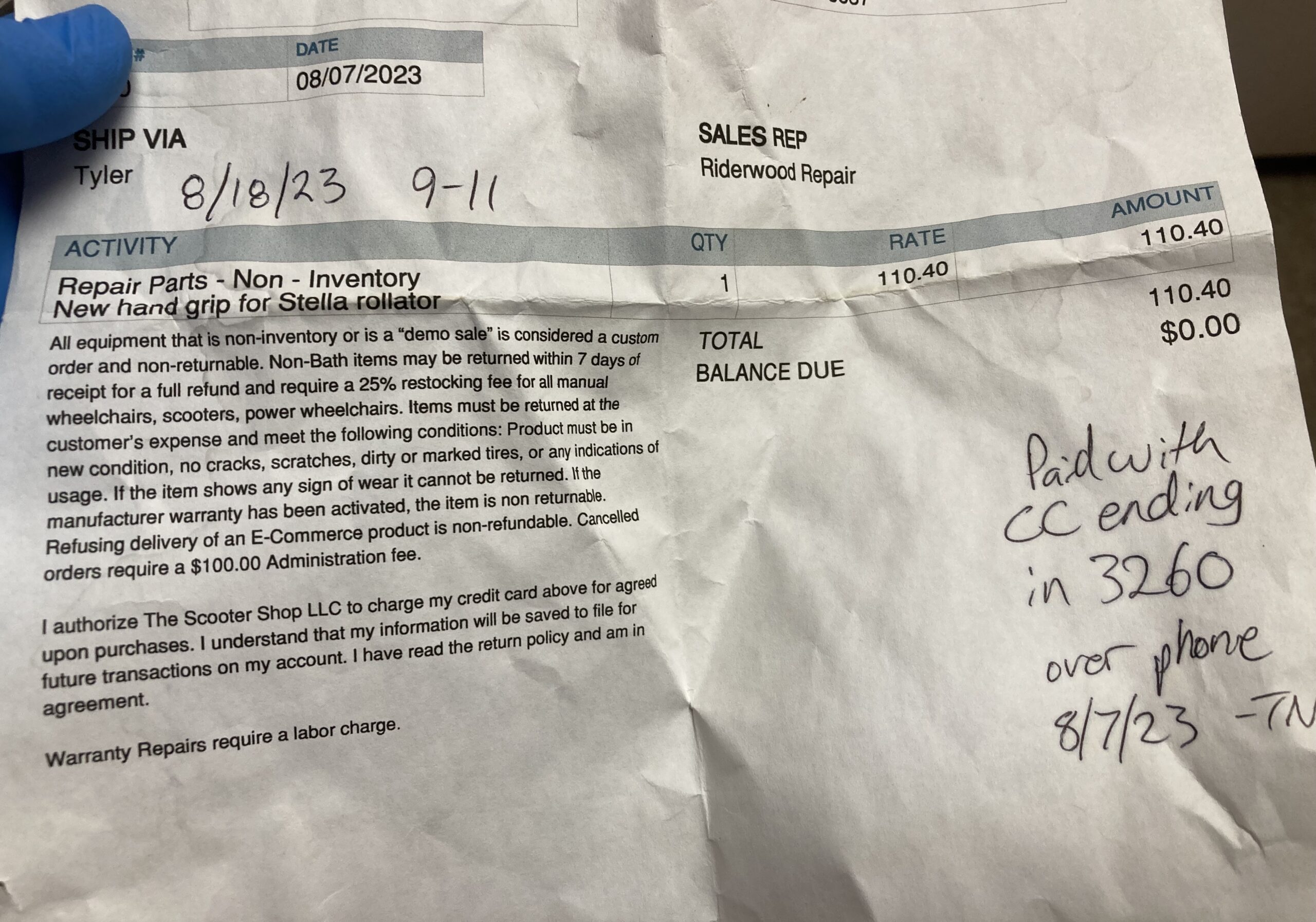 Copy of a bill to replace a rollator grip for $100